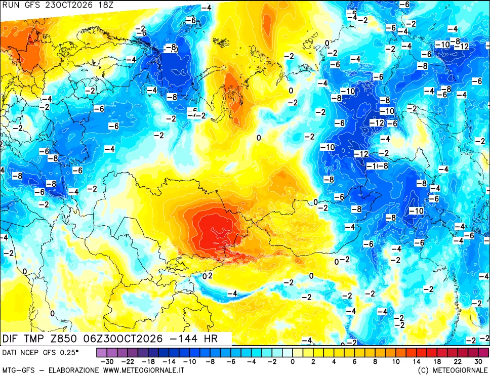 mappa Dif. Temp a 850 hPa Valid - Init
