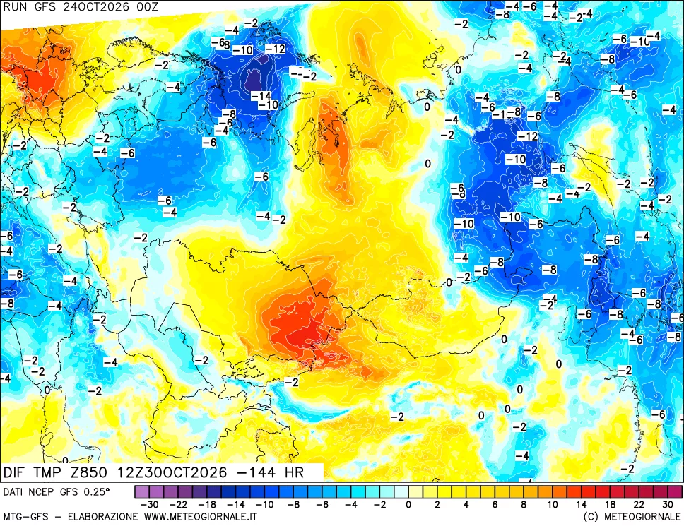 mappa Dif. Temp a 850 hPa Valid - Init