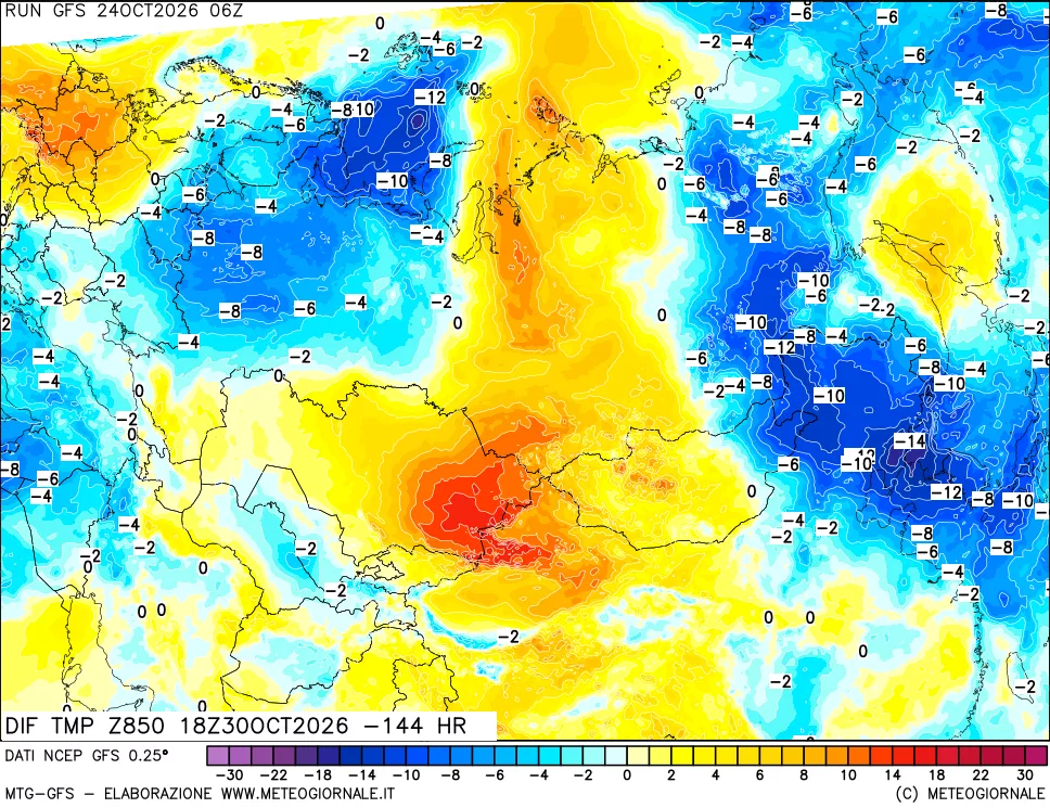 mappa Dif. Temp a 850 hPa Valid - Init
