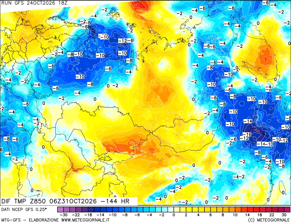 mappa Dif. Temp a 850 hPa Valid - Init