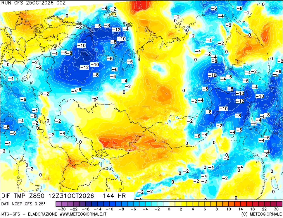 mappa Dif. Temp a 850 hPa Valid - Init