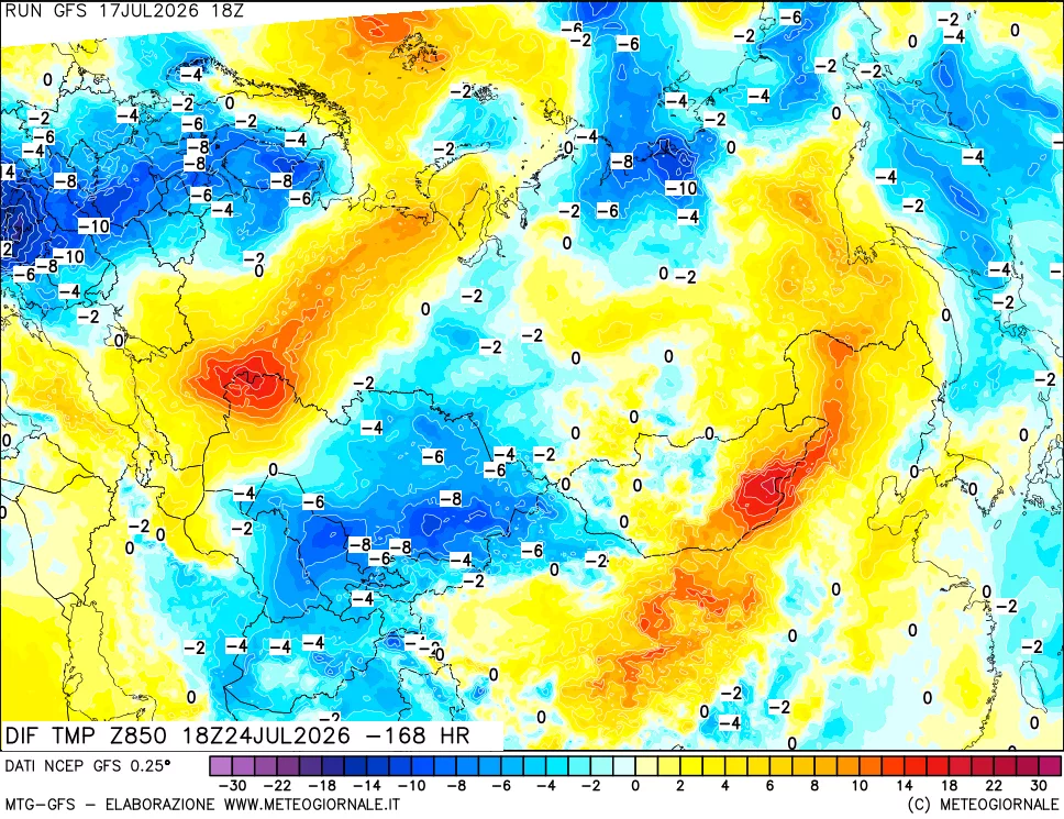 mappa Dif. Temp a 850 hPa Valid - Init