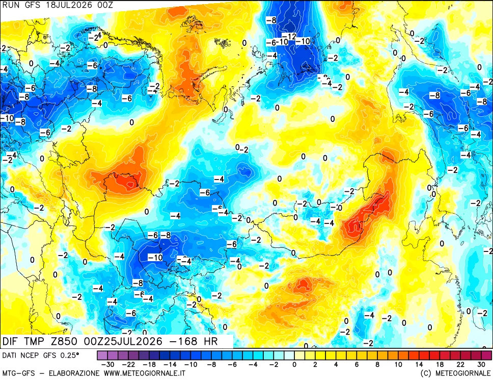 mappa Dif. Temp a 850 hPa Valid - Init