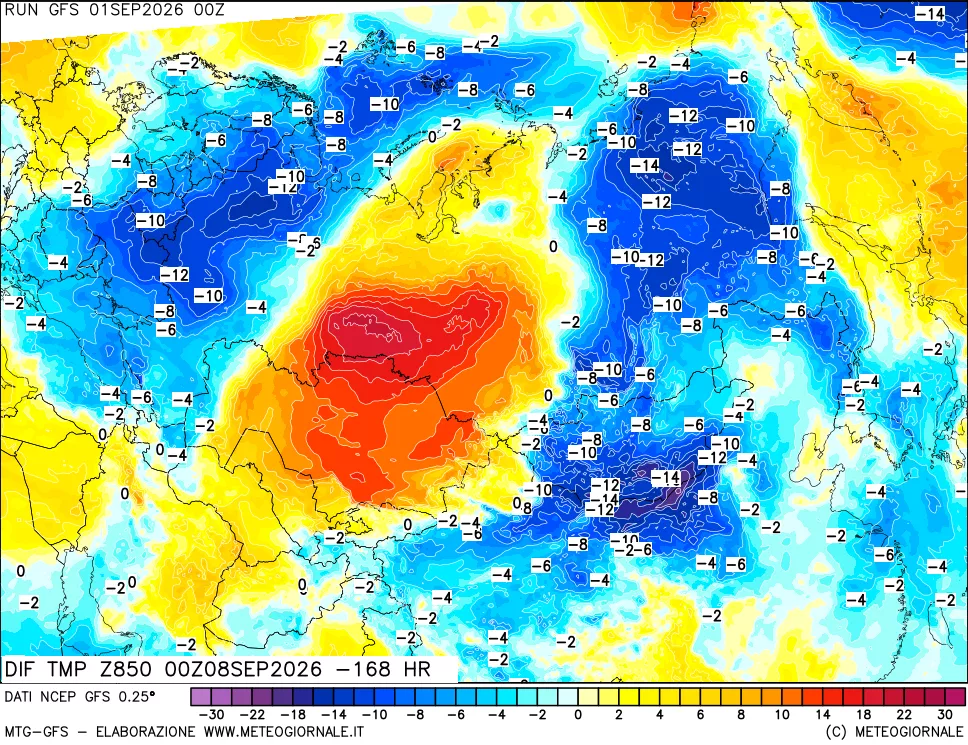 mappa Dif. Temp a 850 hPa Valid - Init