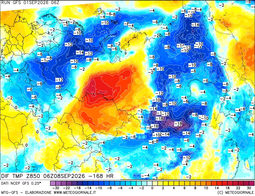 mappa Dif. Temp a 850 hPa Valid - Init