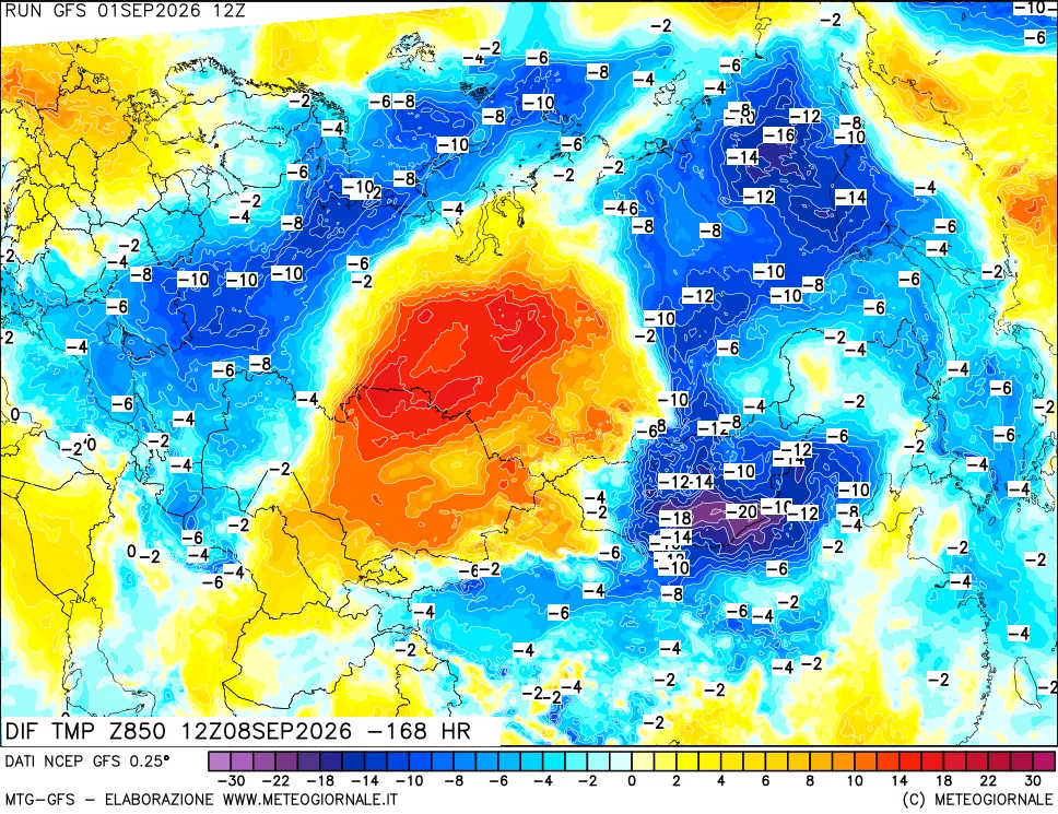 mappa Dif. Temp a 850 hPa Valid - Init