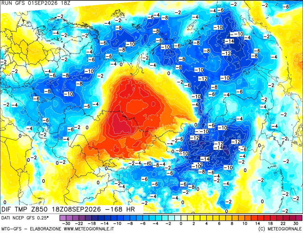 mappa Dif. Temp a 850 hPa Valid - Init