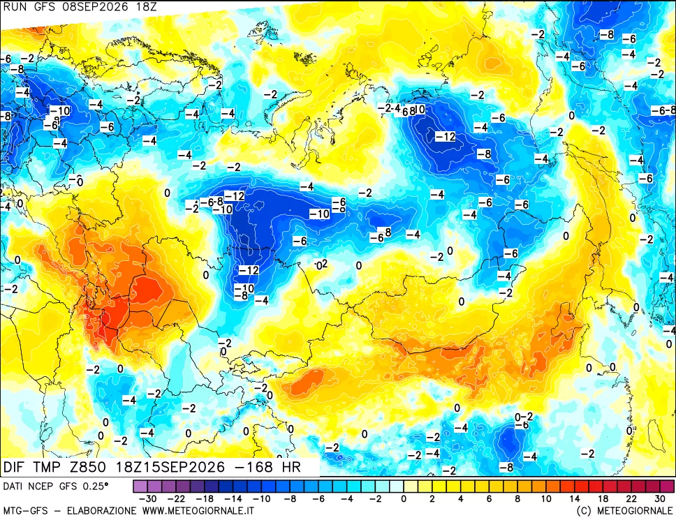 mappa Dif. Temp a 850 hPa Valid - Init