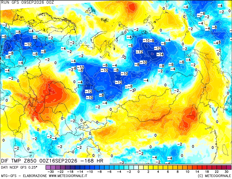mappa Dif. Temp a 850 hPa Valid - Init