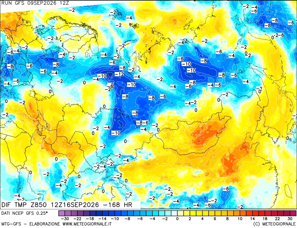 mappa Dif. Temp a 850 hPa Valid - Init
