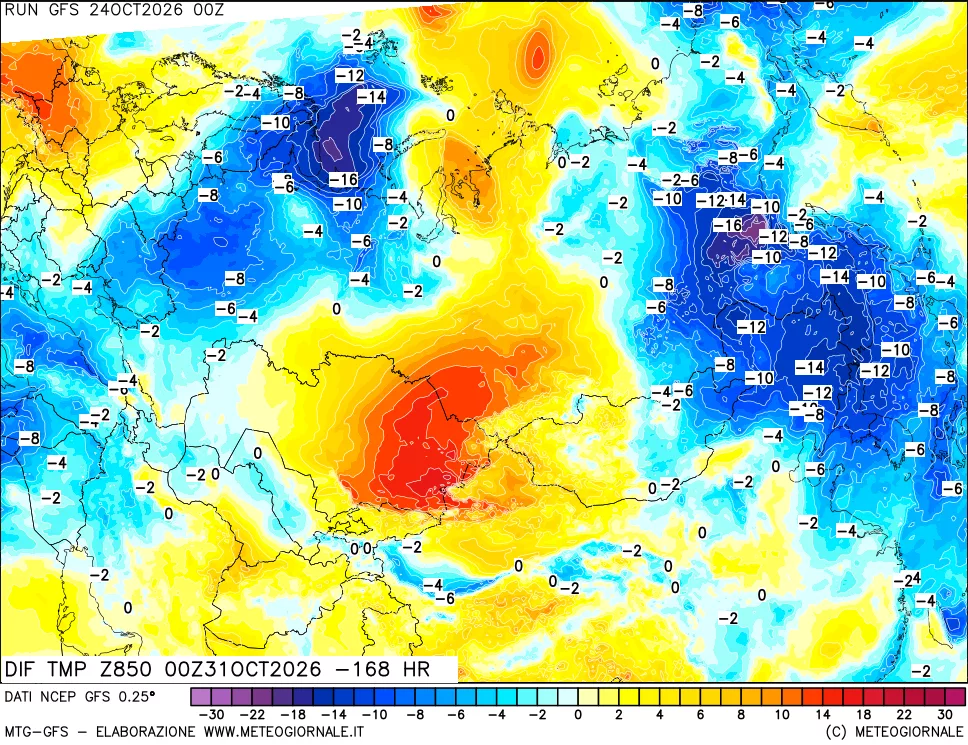 mappa Dif. Temp a 850 hPa Valid - Init