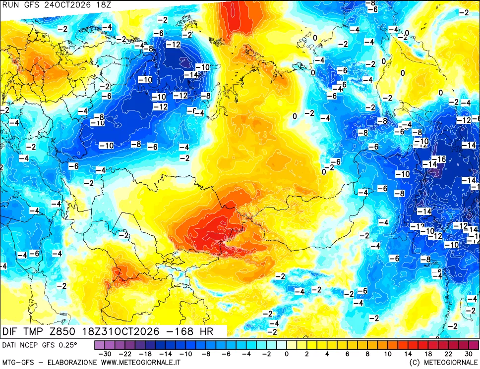 mappa Dif. Temp a 850 hPa Valid - Init