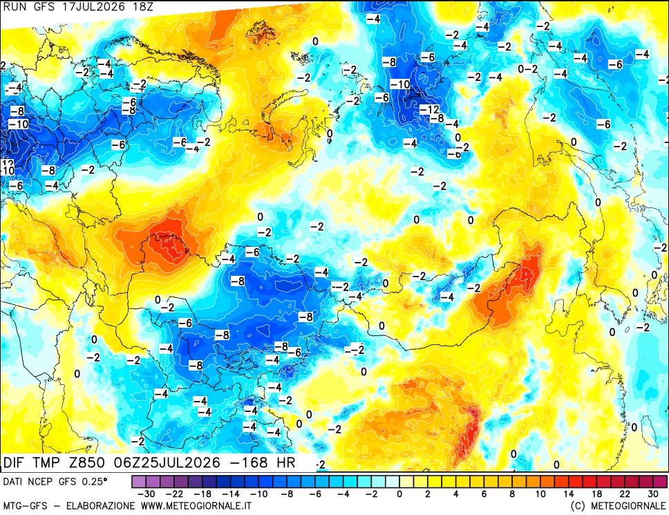 mappa Dif. Temp a 850 hPa Valid - Init