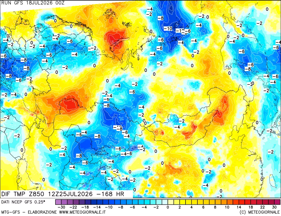 mappa Dif. Temp a 850 hPa Valid - Init