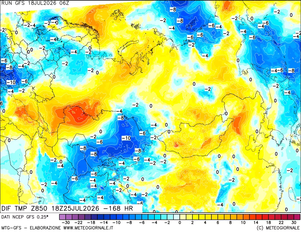 mappa Dif. Temp a 850 hPa Valid - Init