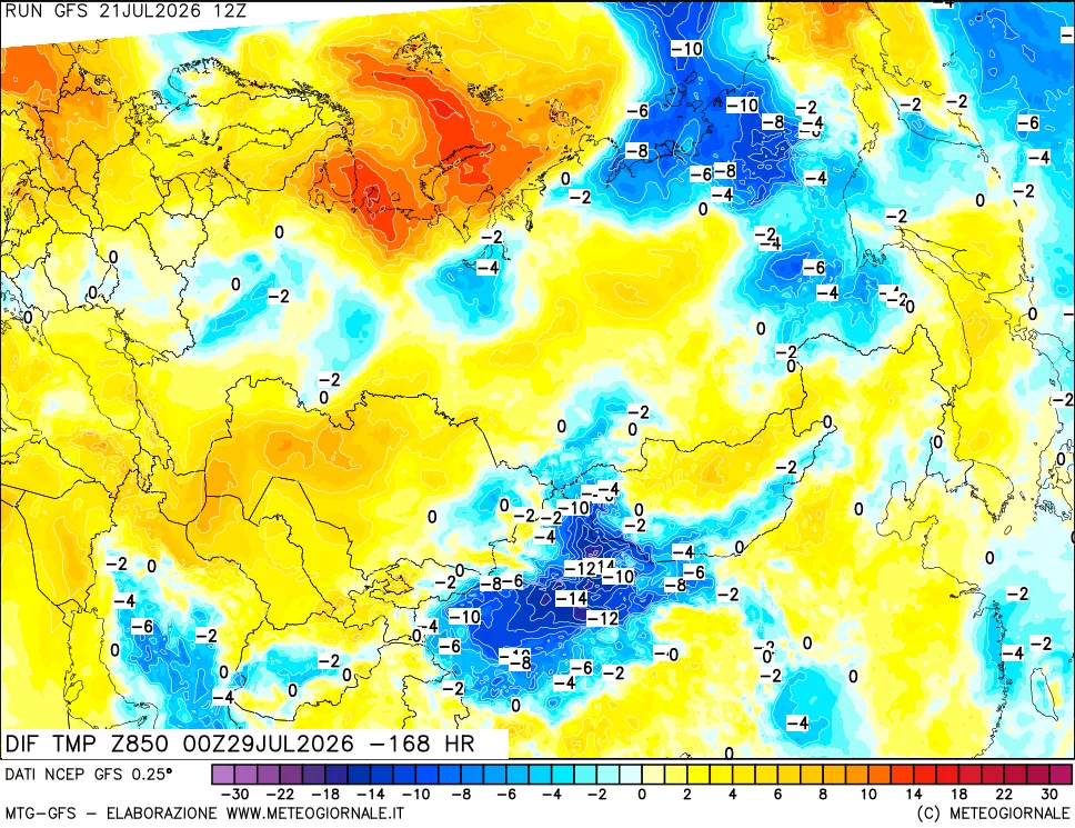 mappa Dif. Temp a 850 hPa Valid - Init
