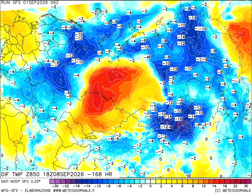 mappa Dif. Temp a 850 hPa Valid - Init