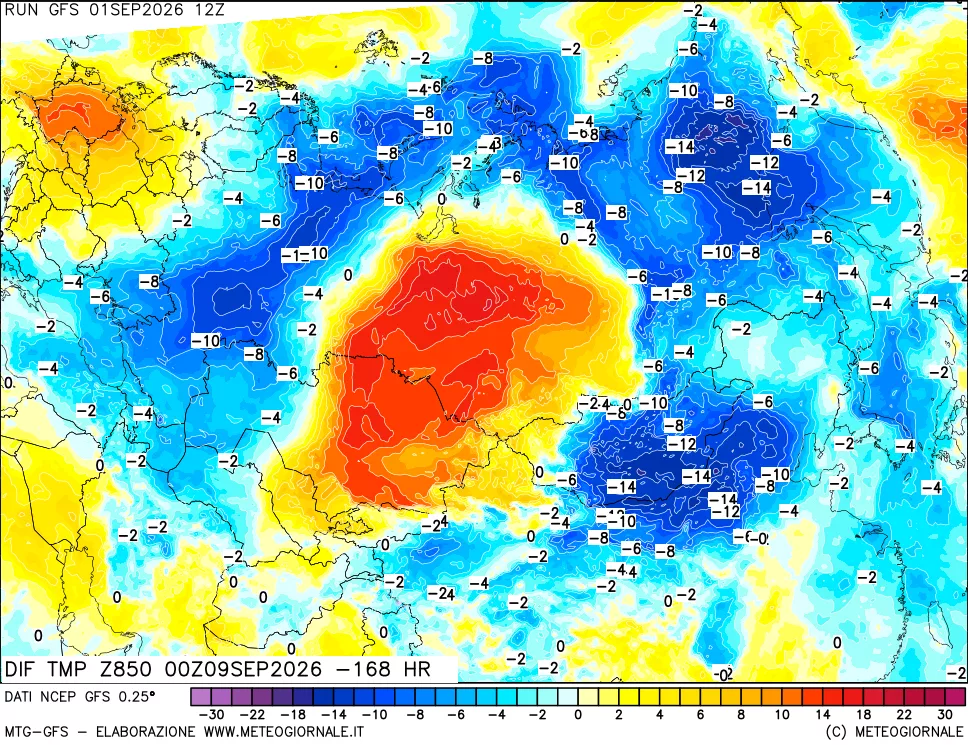 mappa Dif. Temp a 850 hPa Valid - Init