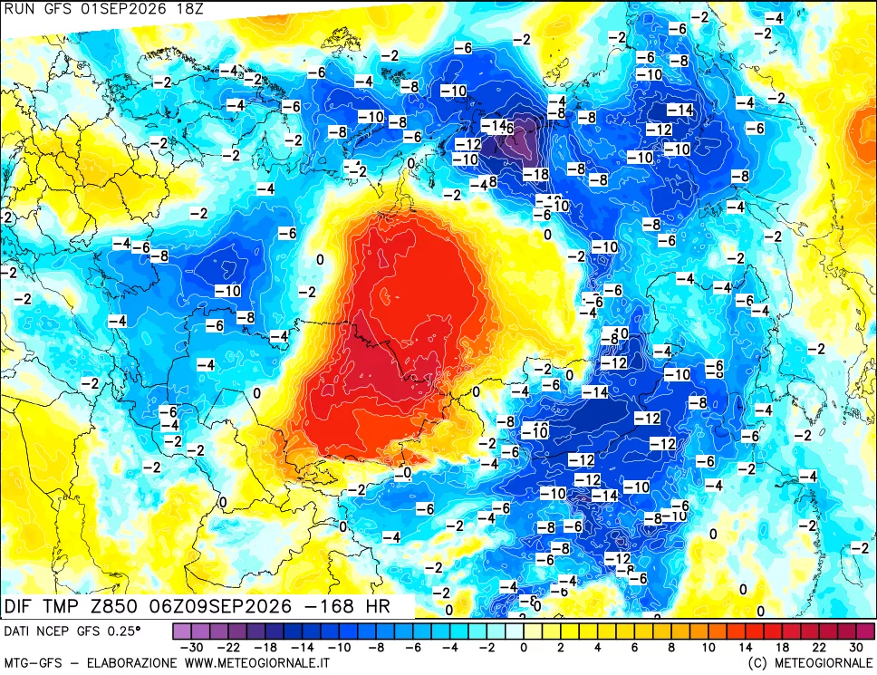 mappa Dif. Temp a 850 hPa Valid - Init