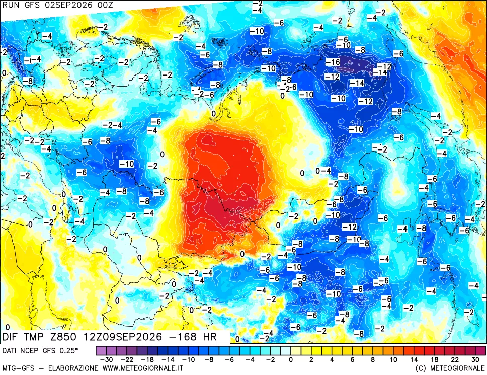 mappa Dif. Temp a 850 hPa Valid - Init