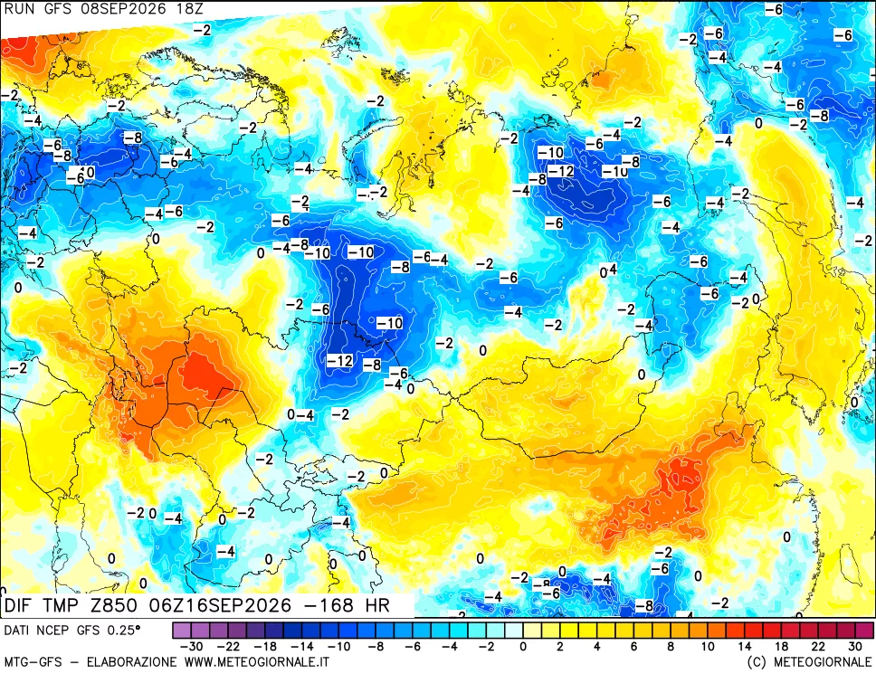 mappa Dif. Temp a 850 hPa Valid - Init