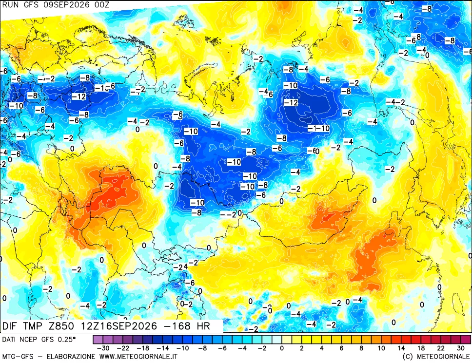 mappa Dif. Temp a 850 hPa Valid - Init