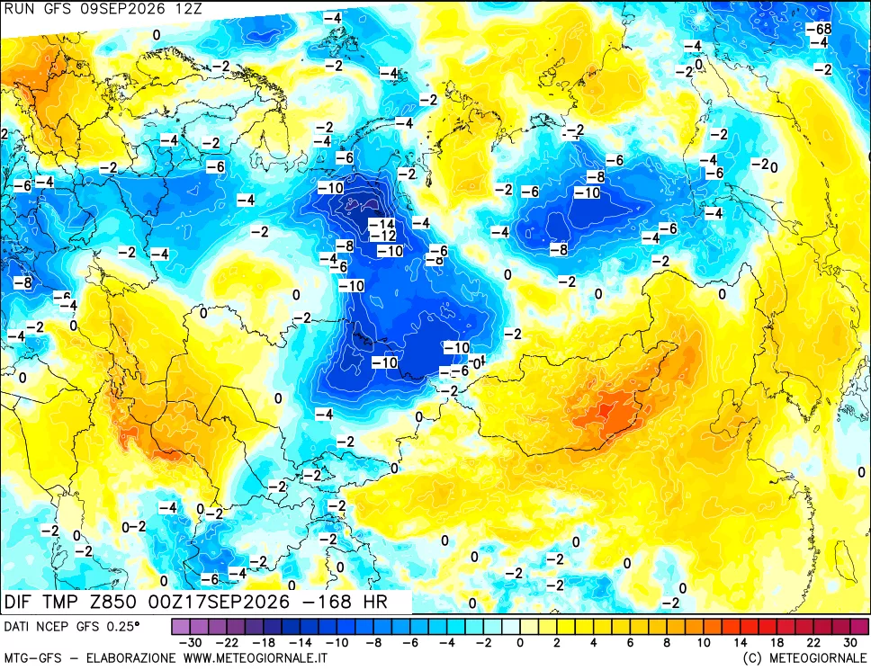 mappa Dif. Temp a 850 hPa Valid - Init