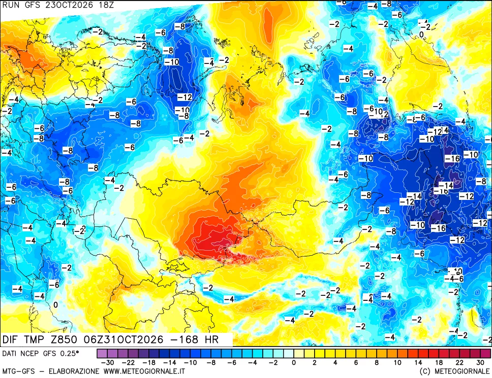mappa Dif. Temp a 850 hPa Valid - Init