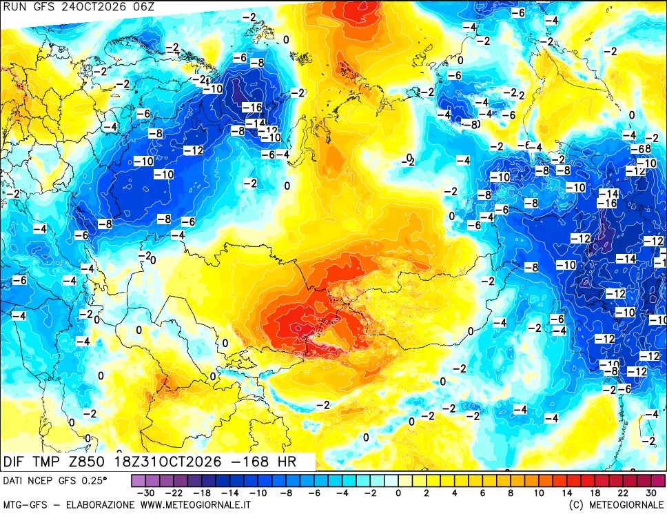 mappa Dif. Temp a 850 hPa Valid - Init