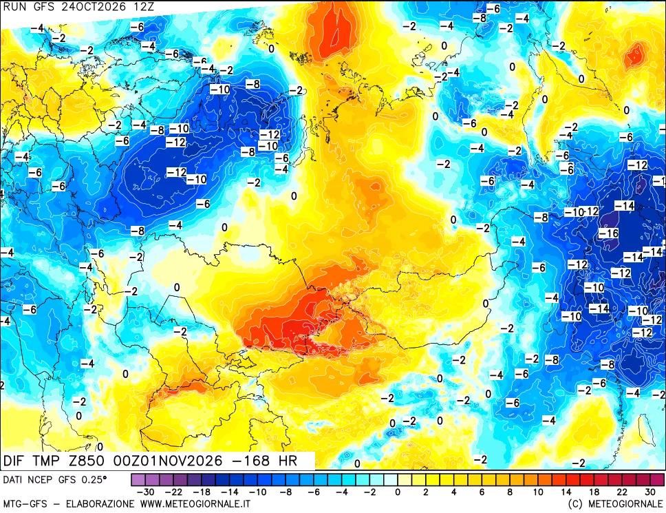 mappa Dif. Temp a 850 hPa Valid - Init