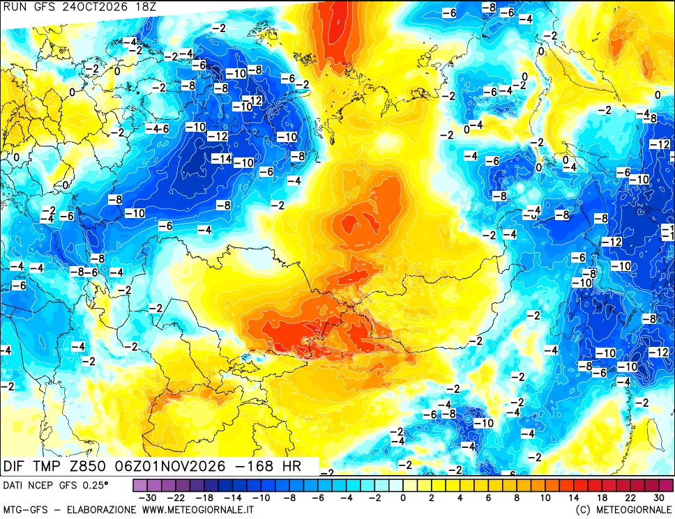 mappa Dif. Temp a 850 hPa Valid - Init