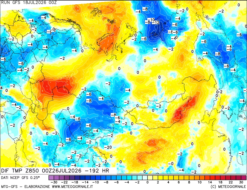 mappa Dif. Temp a 850 hPa Valid - Init