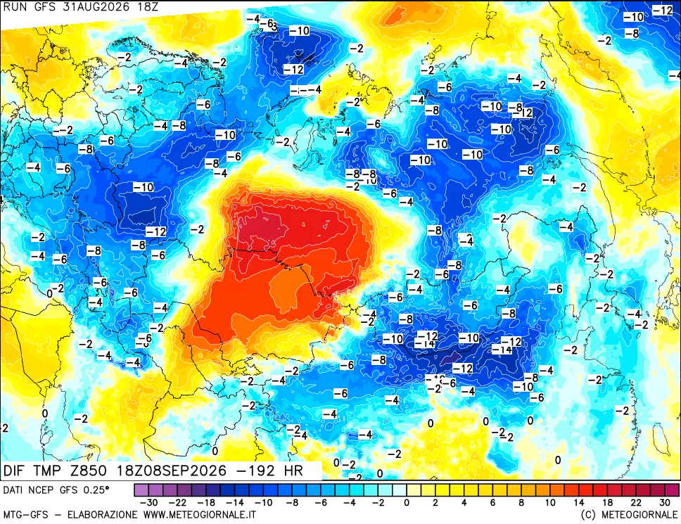 mappa Dif. Temp a 850 hPa Valid - Init