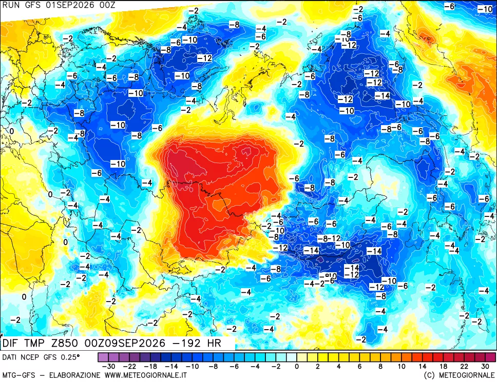 mappa Dif. Temp a 850 hPa Valid - Init