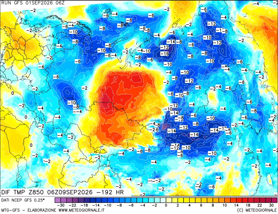 mappa Dif. Temp a 850 hPa Valid - Init