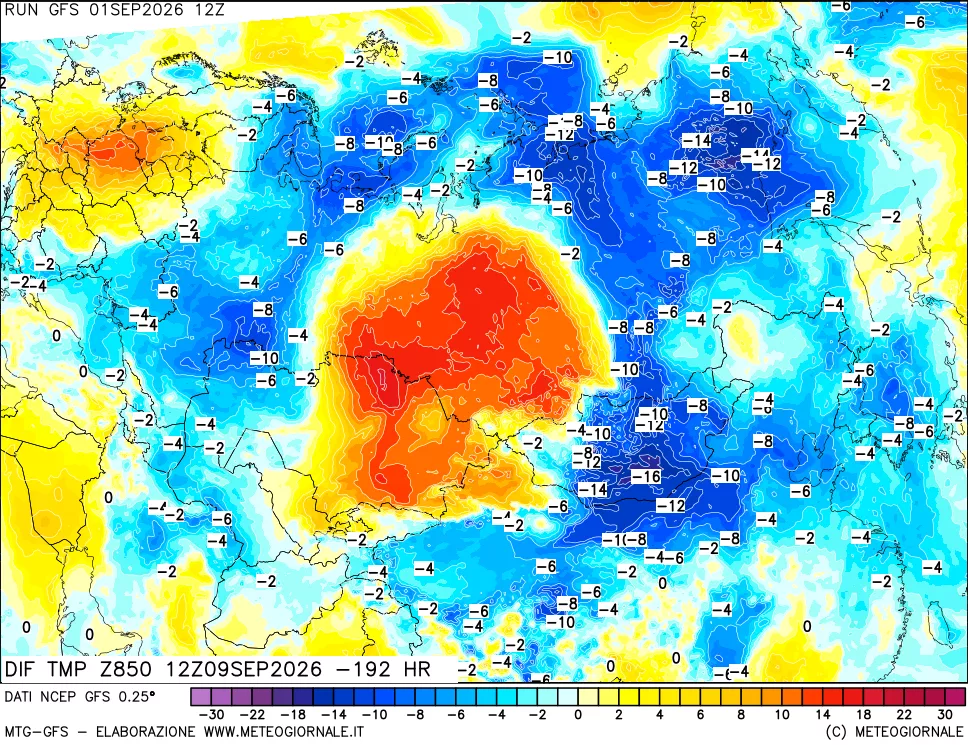 mappa Dif. Temp a 850 hPa Valid - Init