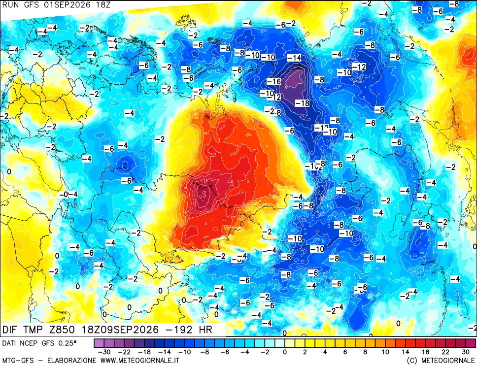 mappa Dif. Temp a 850 hPa Valid - Init