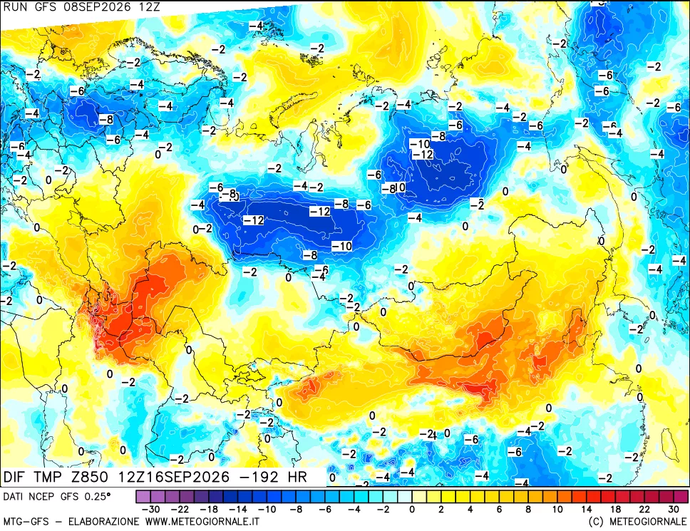 mappa Dif. Temp a 850 hPa Valid - Init