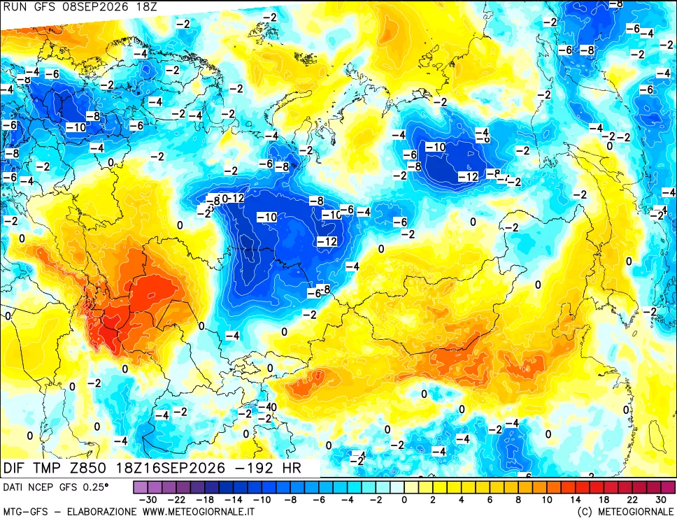 mappa Dif. Temp a 850 hPa Valid - Init