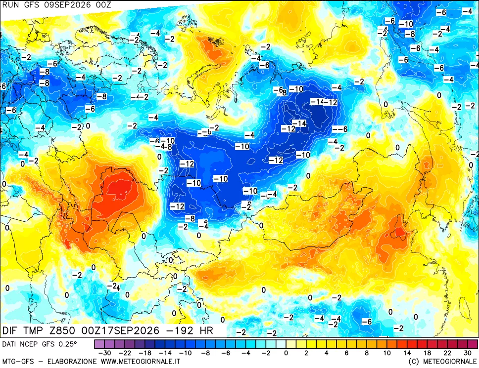 mappa Dif. Temp a 850 hPa Valid - Init