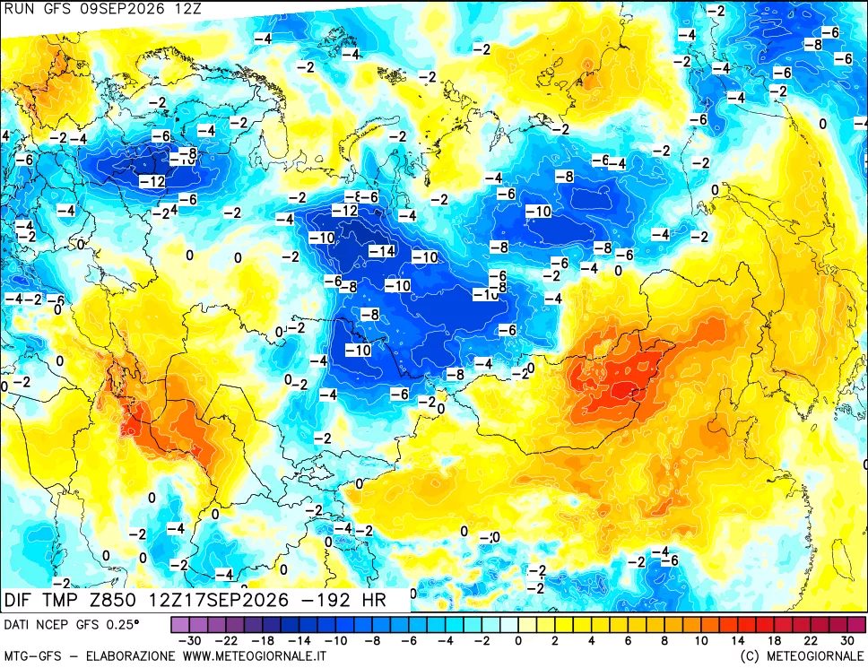 mappa Dif. Temp a 850 hPa Valid - Init