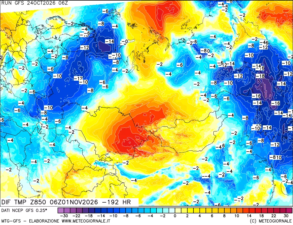 mappa Dif. Temp a 850 hPa Valid - Init