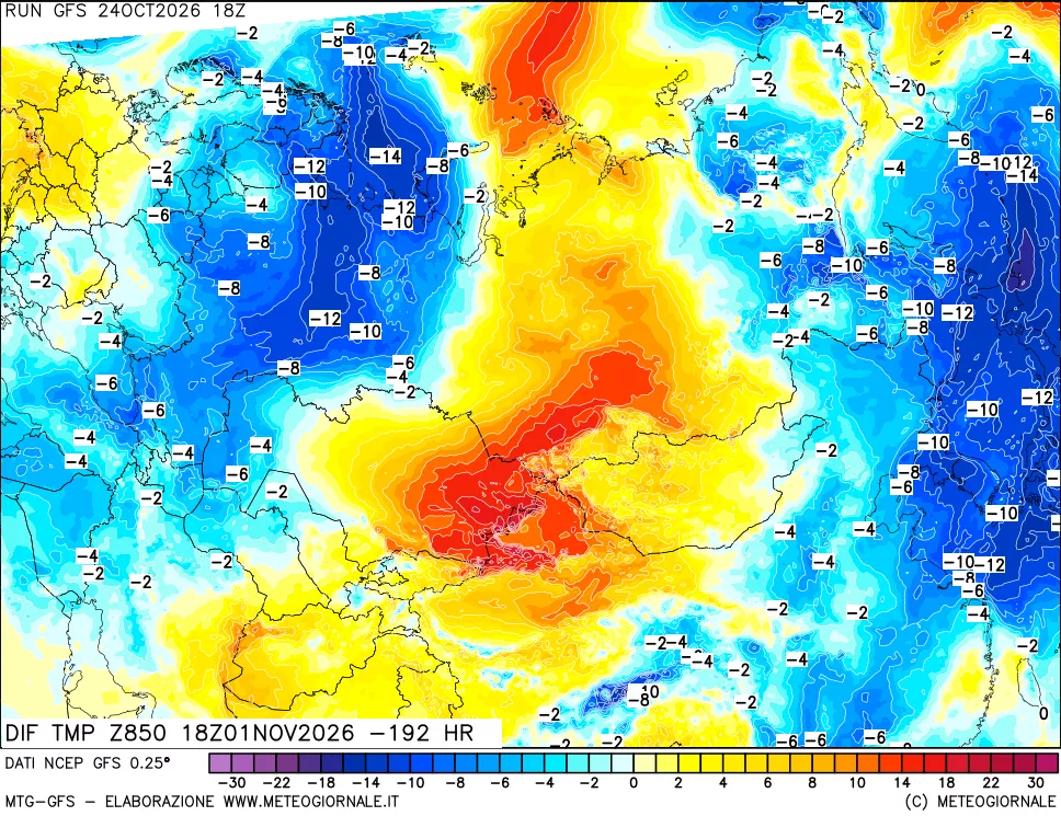 mappa Dif. Temp a 850 hPa Valid - Init