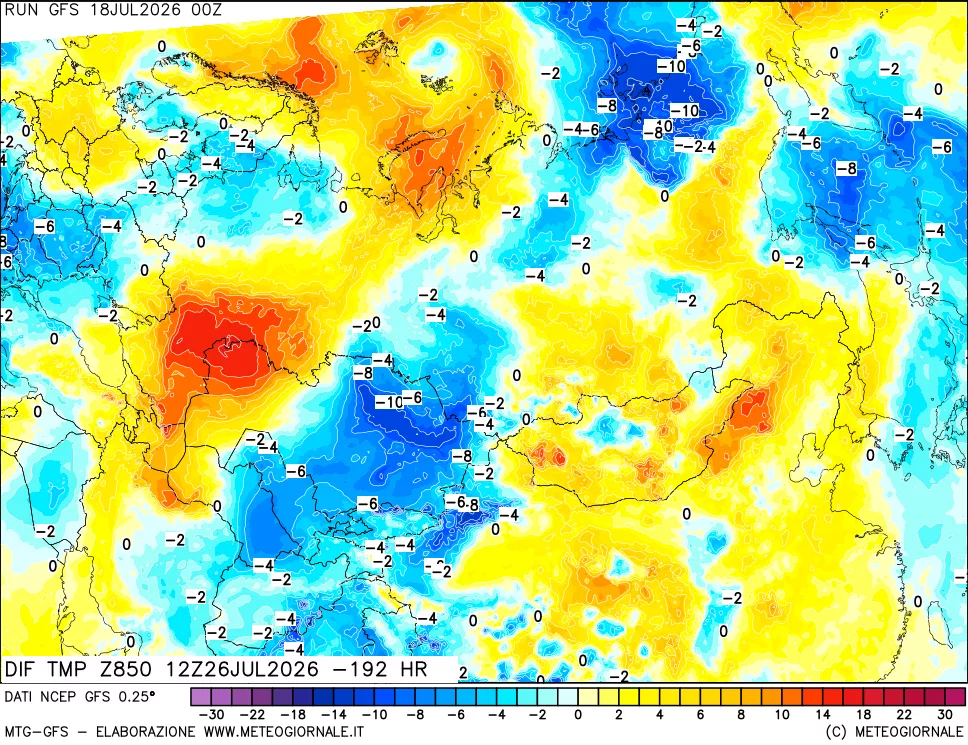 mappa Dif. Temp a 850 hPa Valid - Init