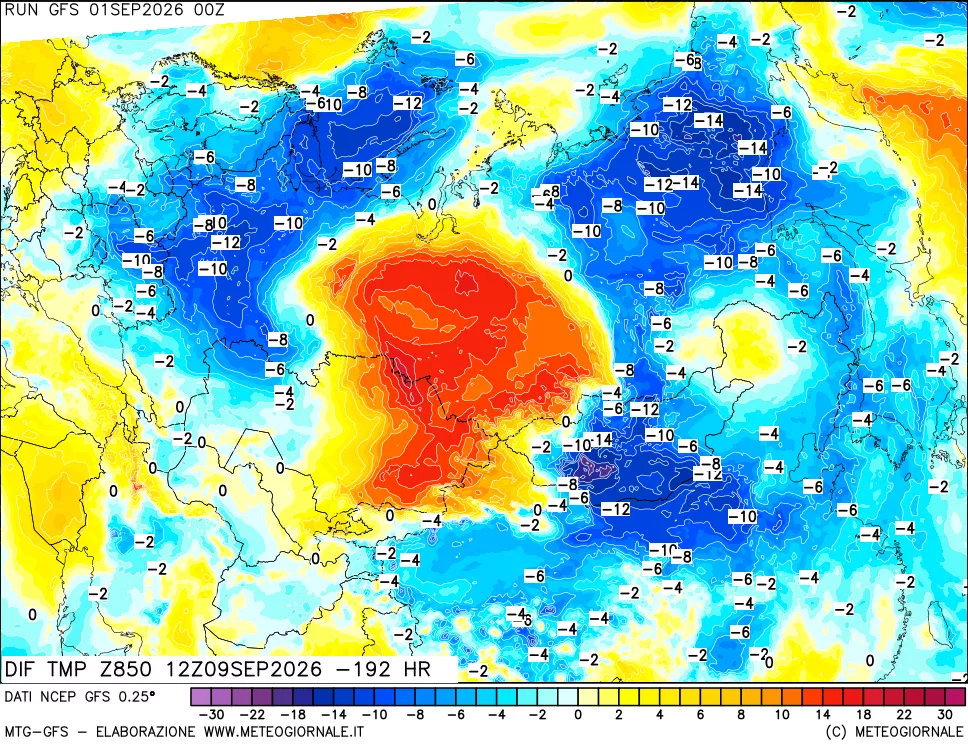mappa Dif. Temp a 850 hPa Valid - Init