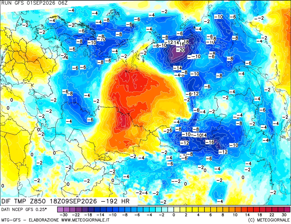 mappa Dif. Temp a 850 hPa Valid - Init