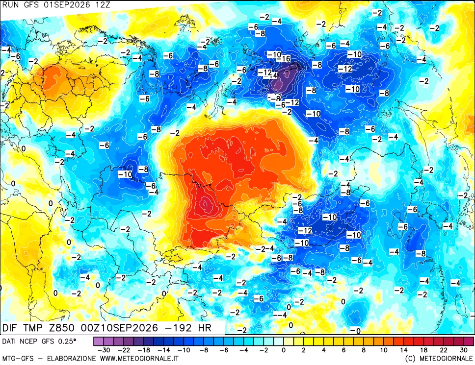 mappa Dif. Temp a 850 hPa Valid - Init