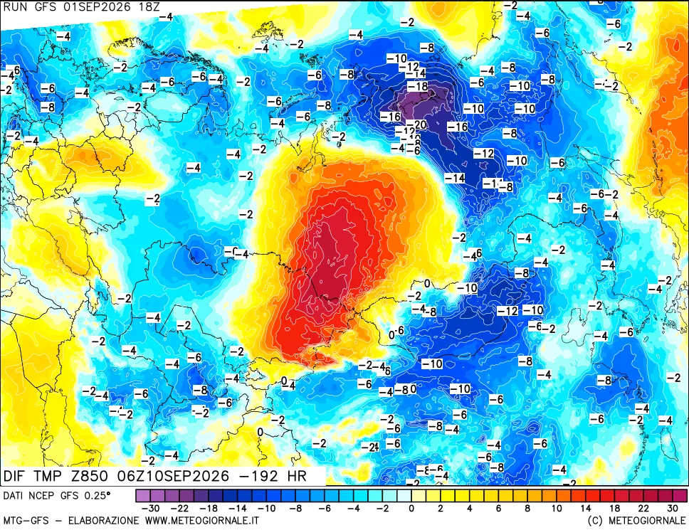 mappa Dif. Temp a 850 hPa Valid - Init