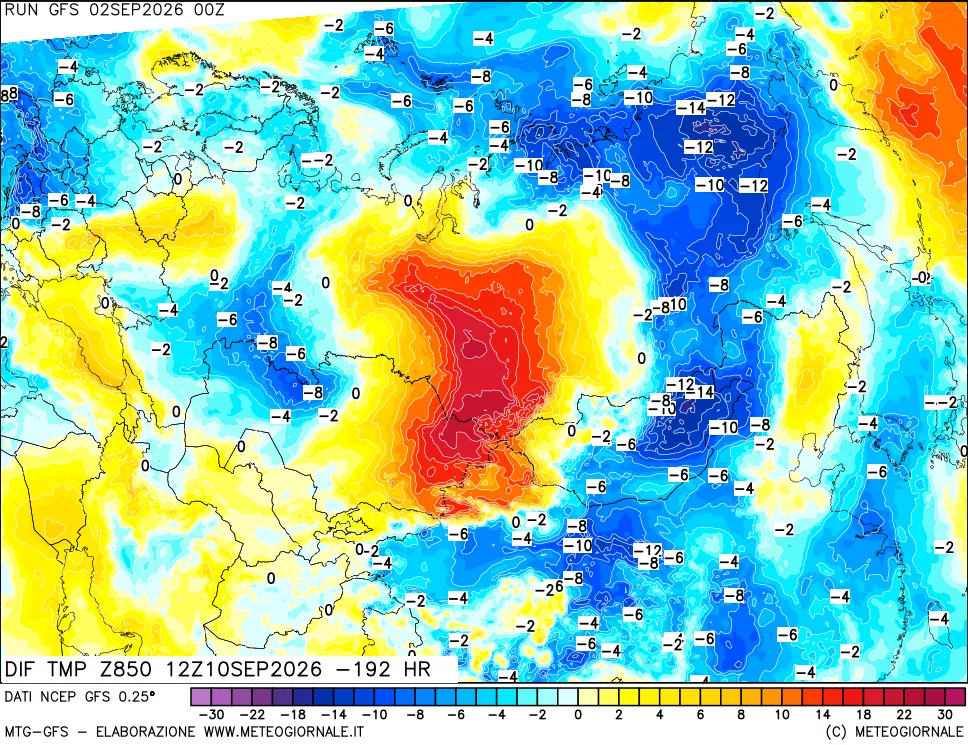 mappa Dif. Temp a 850 hPa Valid - Init