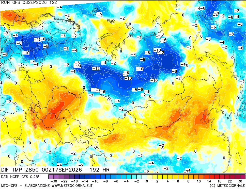 mappa Dif. Temp a 850 hPa Valid - Init